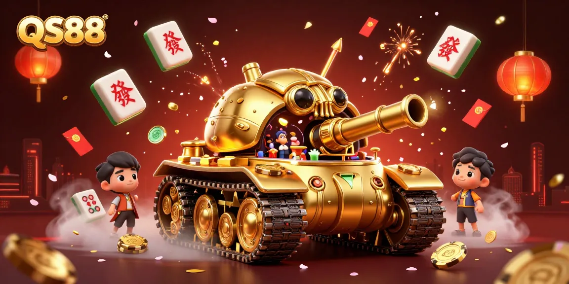 Experience the excitement of QS88 with this vibrant 3D illustration of a golden beetle tank casino scene filled with lively gaming elements.