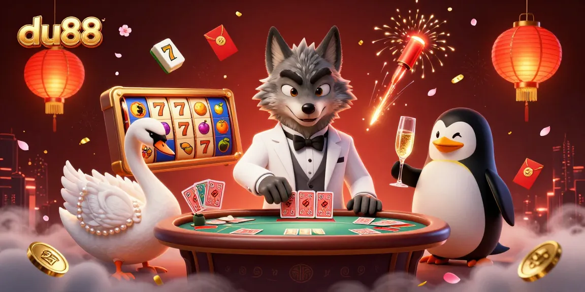 Experience thrilling gaming at du88, where vibrant slot reels and elegant characters captivate in a lavish casino scene.