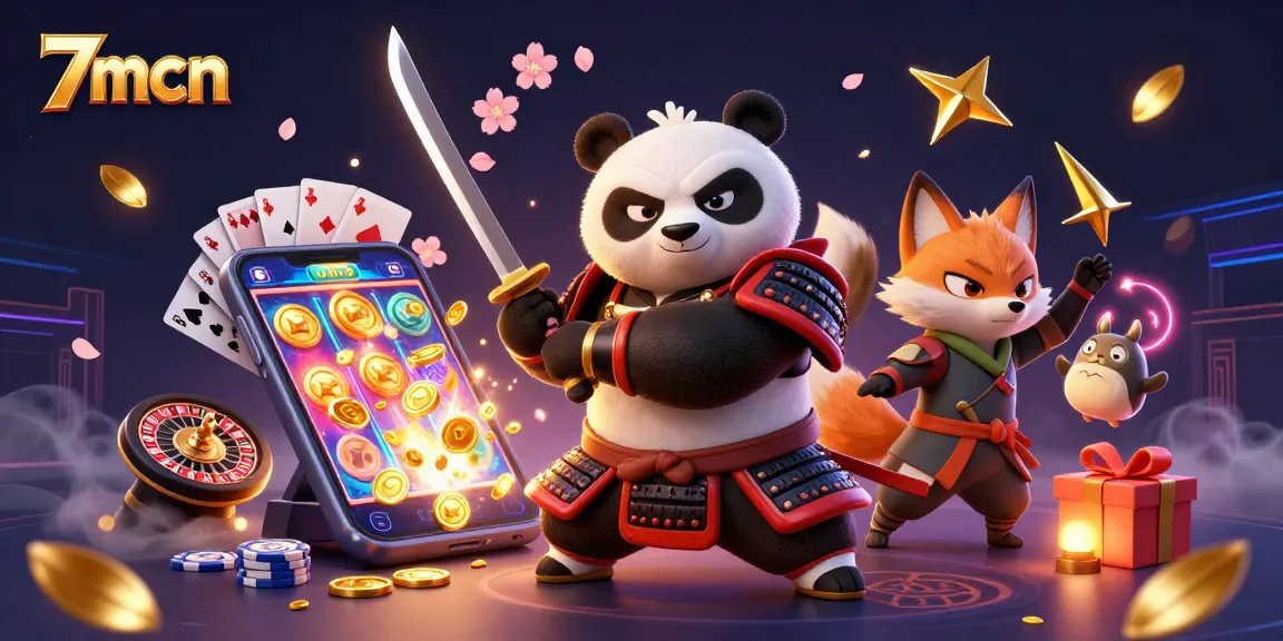 Engage with 7mcn's thrilling gaming world featuring a samurai panda and dynamic casino elements.