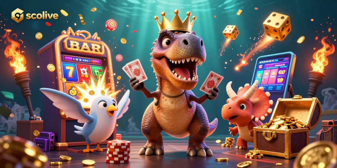 Socolive delivers live streams of HD sports events, showcasing a joyful T-Rex card shuffling with dynamic casino elements.