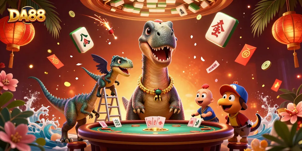 DA88 brings excitement to gambling as a dinosaur looks over a lively poker game.