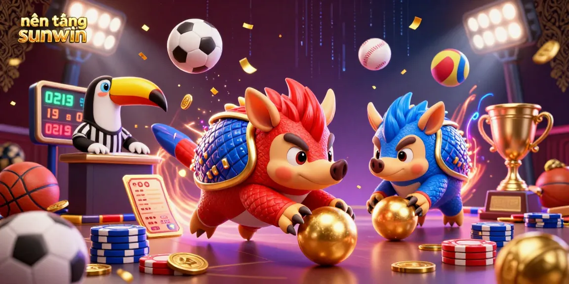 Engage with the lively platform sunwin featuring dual rival pangolins in an exhilarating game, surrounded by vibrant gambling elements.