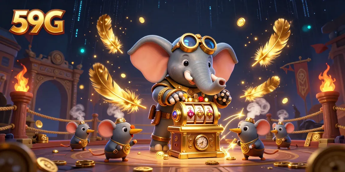 Engage in winning with 59G as a cartoon steampunk elephant spins the golden slot machine.