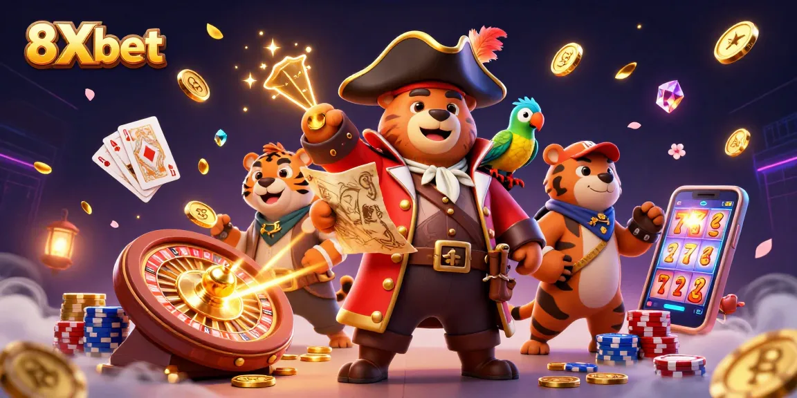 Join the excitement with 8Xbet's vibrant casino scene featuring playful characters and dynamic gaming elements.