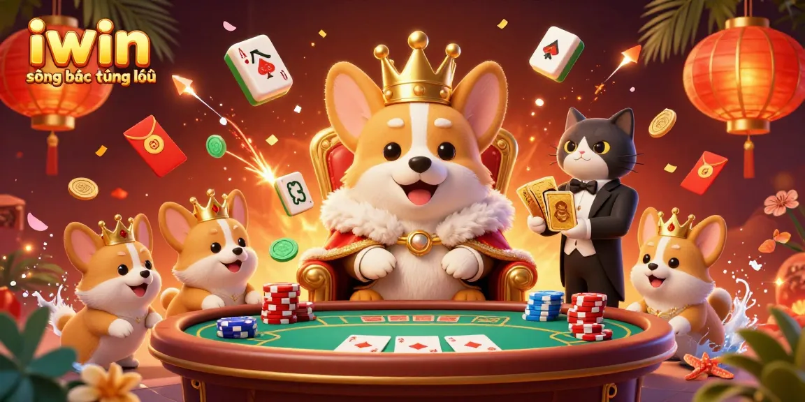 Experience the vibrancy of iwin sòng bạc thượng lưu with a royal corgi on poker chips amidst gaming riches.