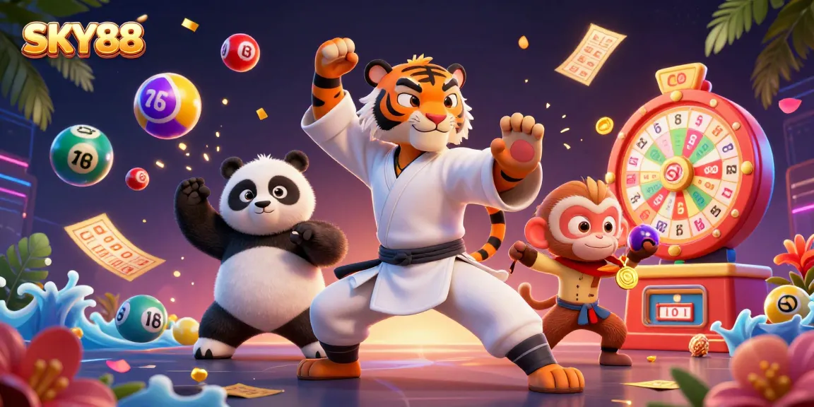 Engage with SKY88's vibrant atmosphere filled with dynamic lottery moments and characters.
