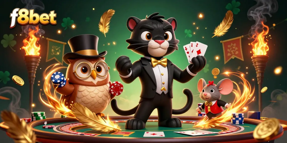 Join the excitement at f8bet with a stylish panther dealer, owl with poker chips, and lucky mouse amidst vibrant casino elements.