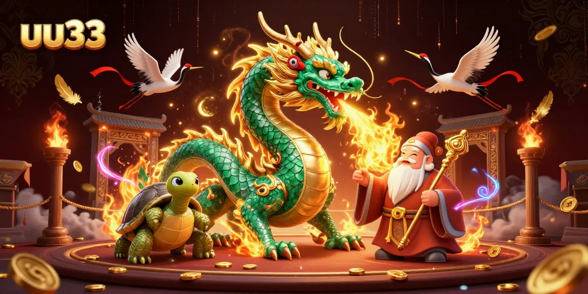 Experience excitement with uu33's vibrant casino illustration featuring a jade dragon and lucky cranes.