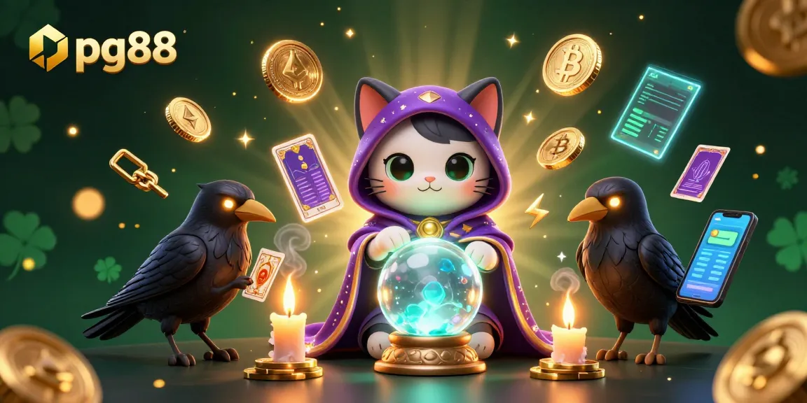 Engage with pg88's thrilling casino adventures featuring a mystical cat and raven amidst vibrant crypto symbols and glowing elements.