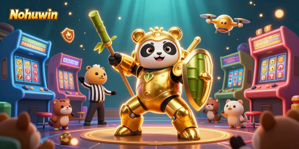 Nohuwin showcases a dynamic gambling scene with a golden panda in mech-suit battling in a colorful casino.