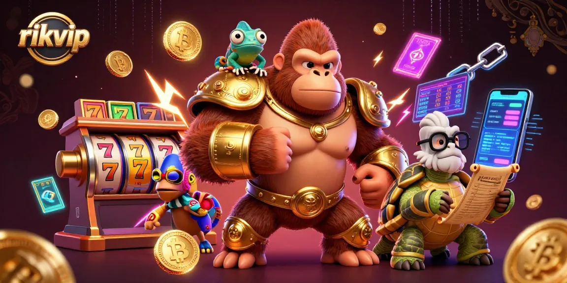 Experience the excitement at rikvip with vibrant characters, colorful slot elements, and cryptocurrencies in action.