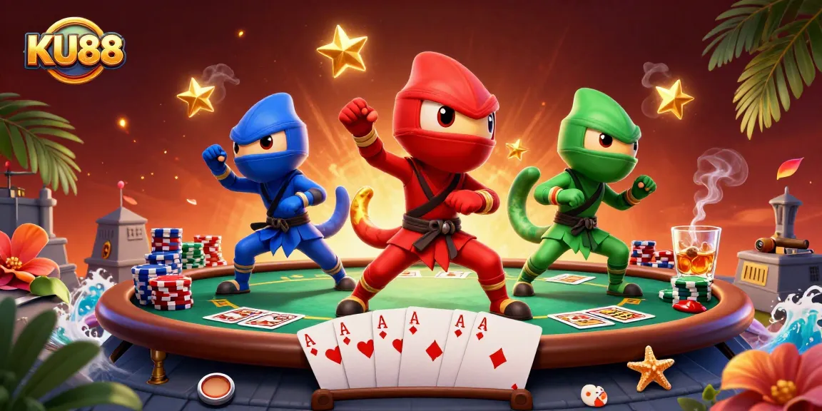 Experience thrilling action with KU88 featuring ninja chameleons and poker elements in this dynamic scene.