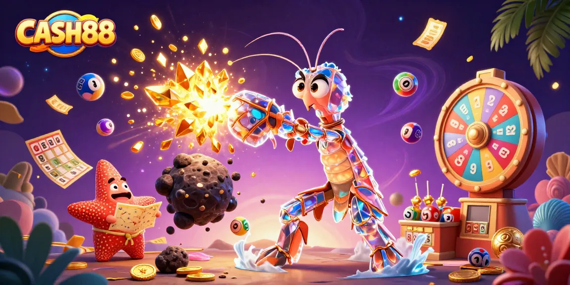 CASH88 features a galactic mantis shrimp and starfish in an explosion of gems, lottery balls, and vibrant casino elements