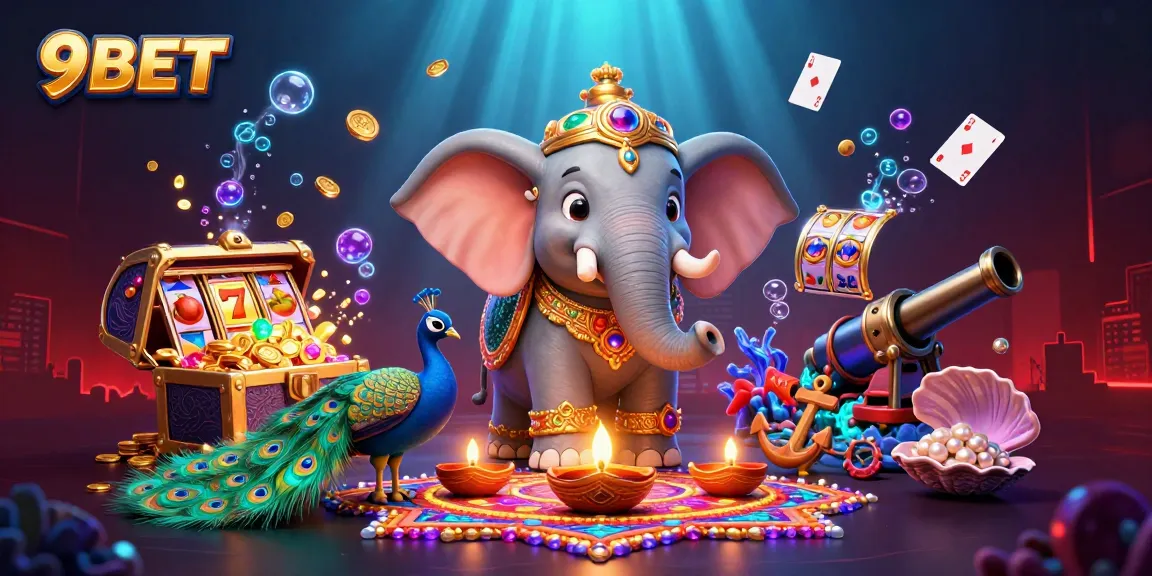 Win big the 9BET way with a vibrant illustration of fun casino elements and Diwali-themed characters.