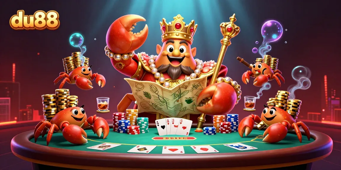 Play poker with du88 in this lively scene featuring a golden crab emperor and his treasure
