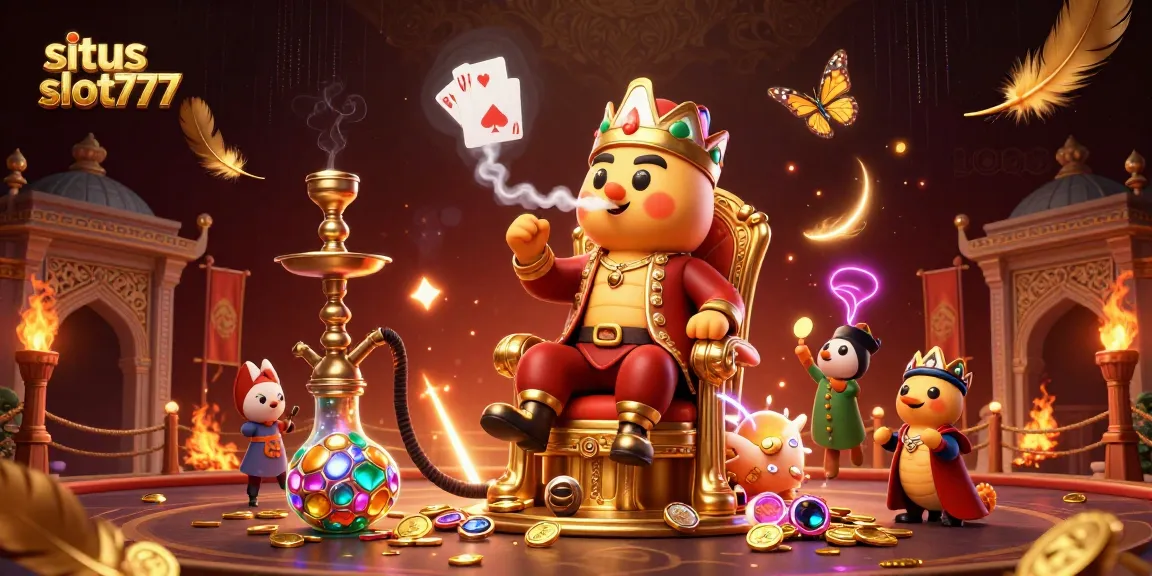 Description of situs slot777 featuring a vibrant scene with a caterpillar hookah-master, poker themes, and dynamic gaming elements.