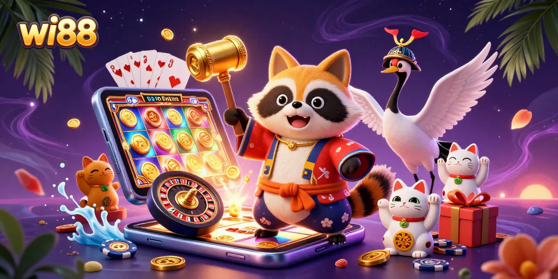 Experience the thrill of gaming at wi88 with colorful slot games and festive characters celebrating wins.