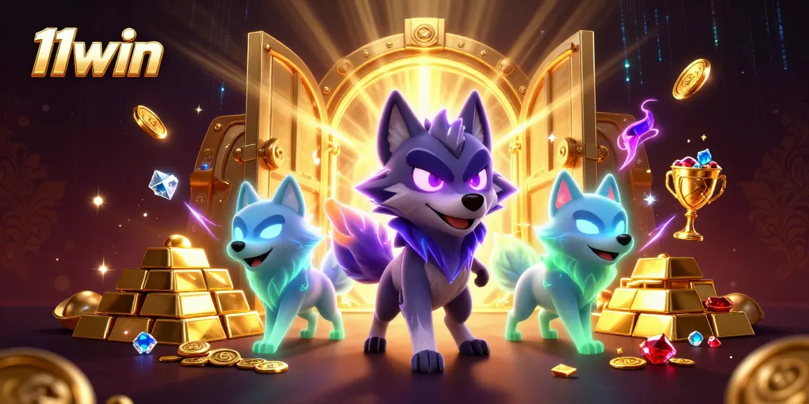 Experience 11win excitement with 3D wolf characters in a treasure-laden casino adventure scene.