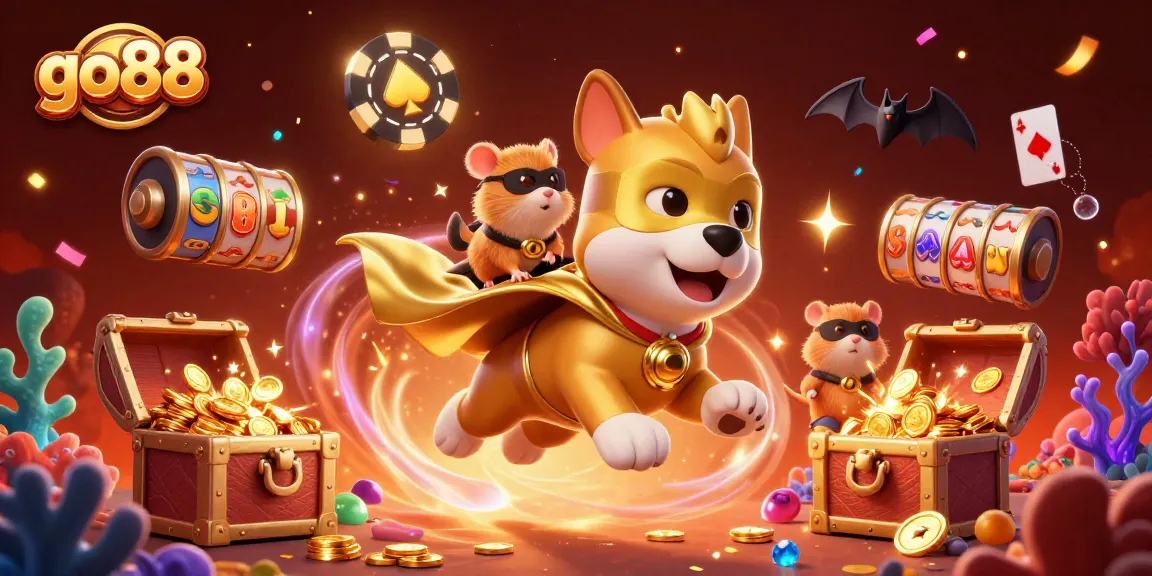 Experience excitement and thrills with go88 as the superhero dog soars with treasure amidst casino elements.