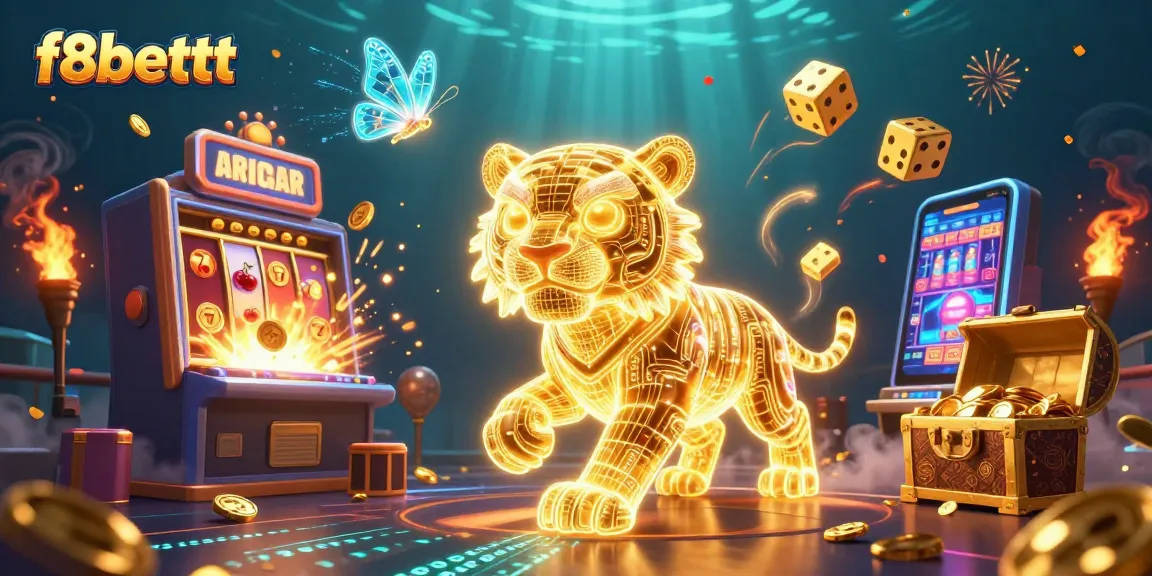 Experience thrilling moments at f8bettt with vibrant 3D casino elements, including a golden tiger and jackpots.