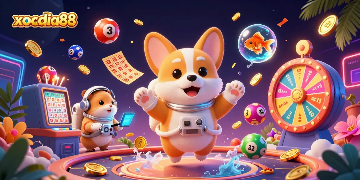 Experience xocdia88 with a vibrant and dynamic 3D casino scene featuring floating charactes and game elements.