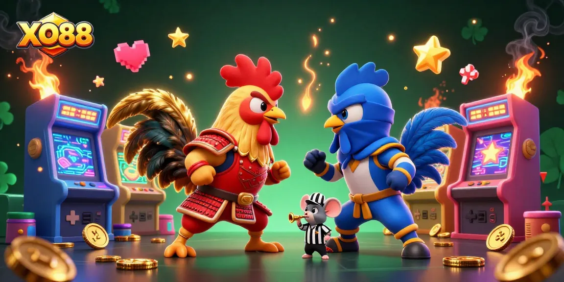 Experience the excitement of XO88 with dynamic roosters in battle, showcasing vibrant gaming elements.