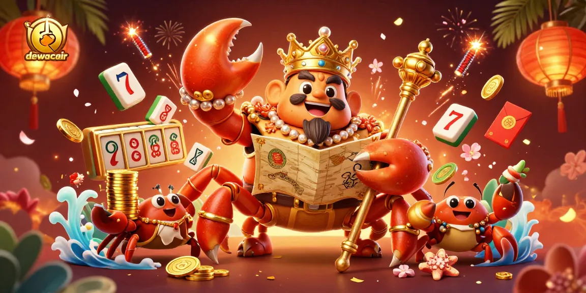 Experience winning with dewacair in an exciting 3D casino scene featuring a golden crab emperor and vibrant slots.