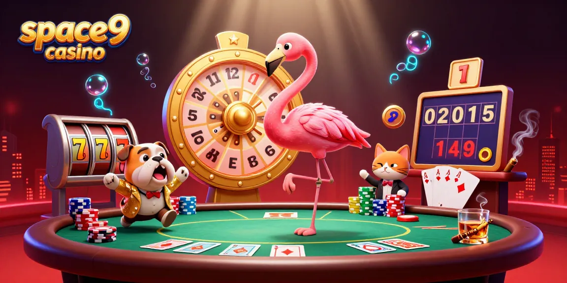 Spin to win with space9 casino: vibrant game show scene with flamingo and bulldog.