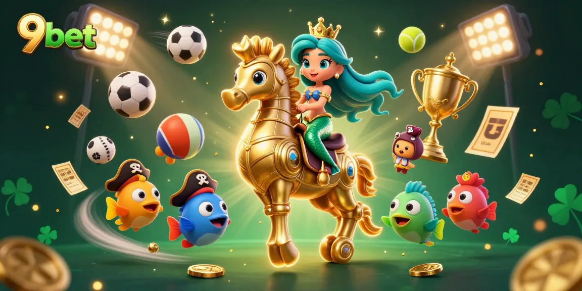 Experience the thrill of 9bet with an exciting 3D illustration of a mermaid princess and seahorse in an animated casino scene.