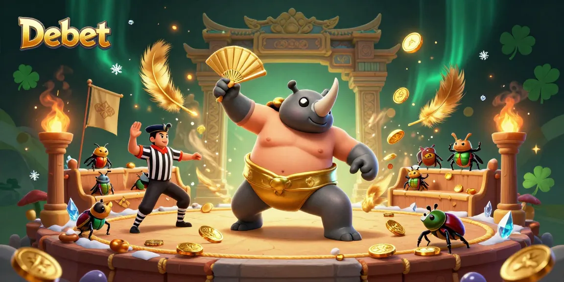 Debet enhances excitement with vibrant 3D illustration of a beetle sumo champion amidst swirling gold coins.