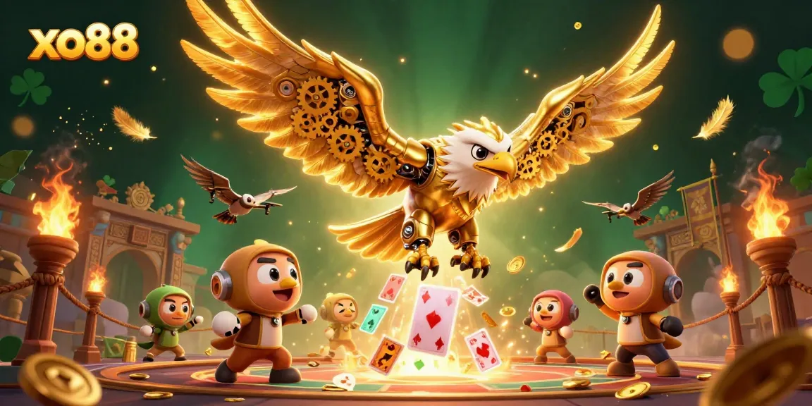 Experience thrill with xo88's cartoon golden eagle soaring amid holographic casino cards.