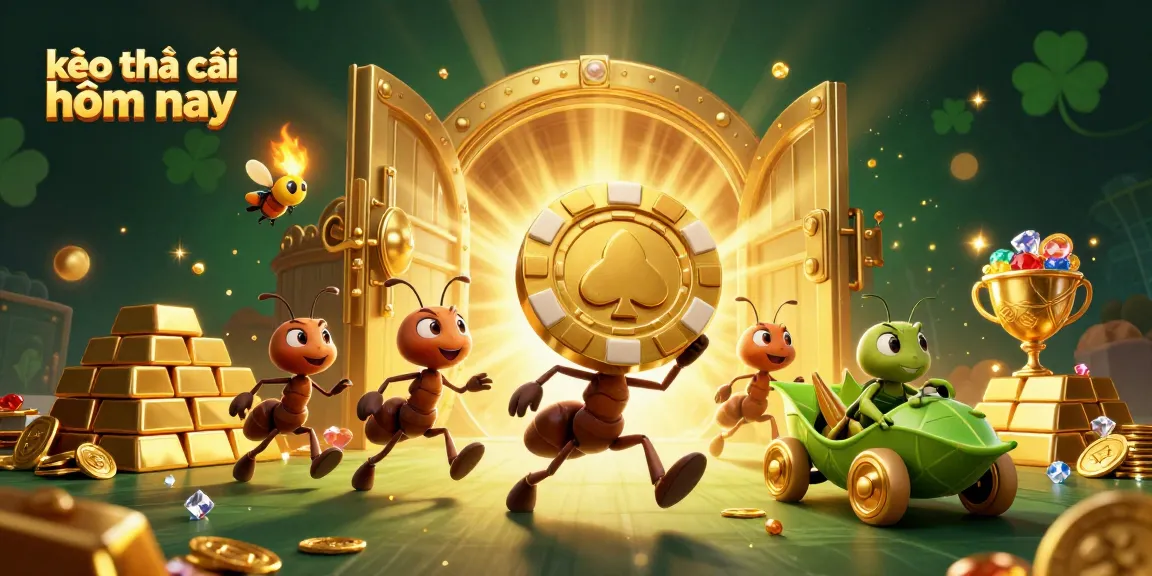 Engage with kèo nhà cái hôm nay as tiny ants steal a massive poker chip amidst bursts of treasure and lights.