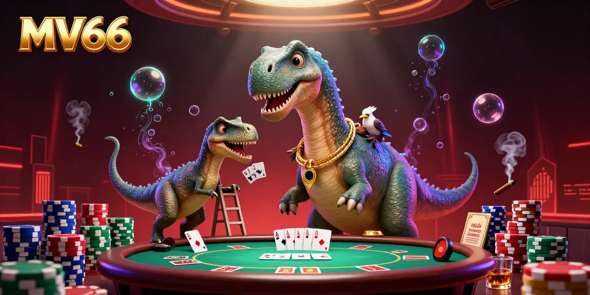 Experience thrilling moments at MV66 with a fantasy casino scene featuring a dinosaur dealer and poker elements.