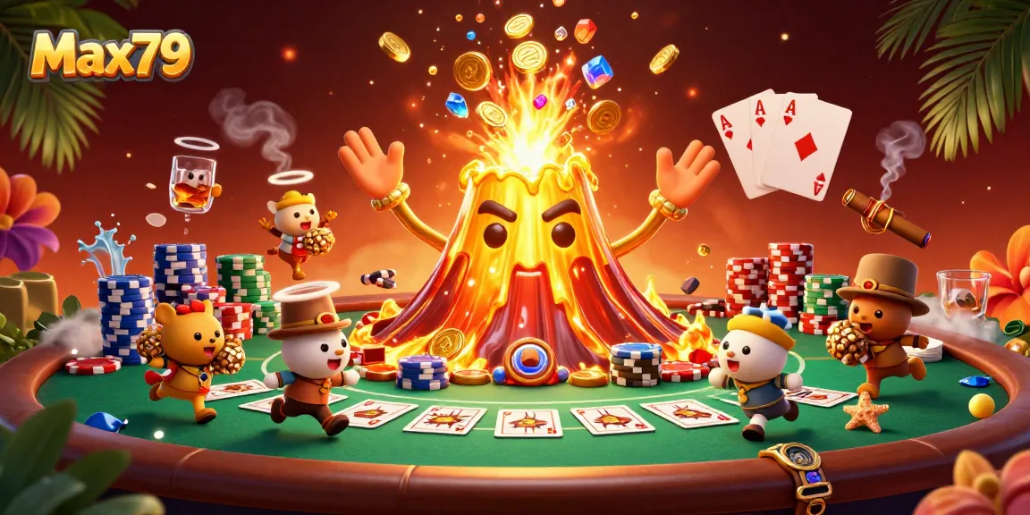 Max79 showcases a triumphant golden volcano bursting with coins in a vibrant casino illustration