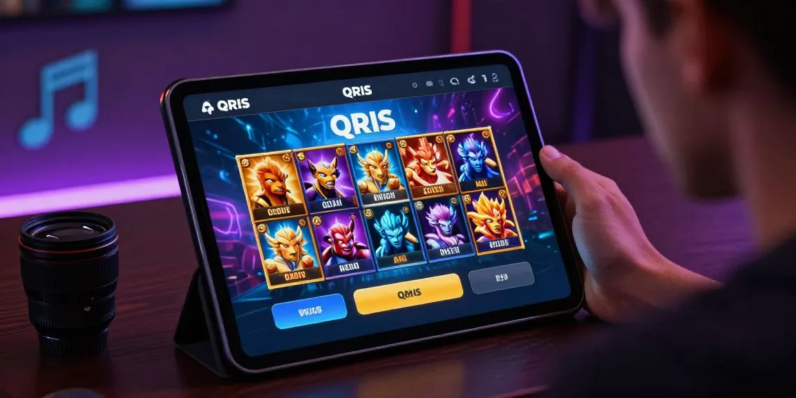 User playing slot7000 on a tablet, showcasing QRIS payment interface and engaging slot game graphics.