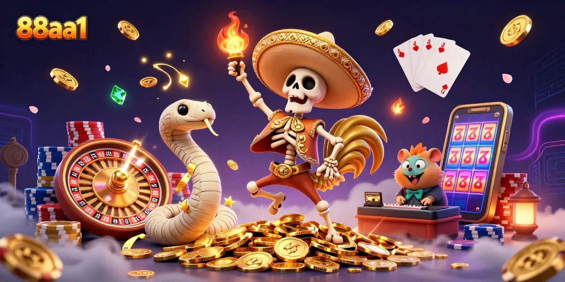 88aa1 invites players to win with a vibrant 3D casino scene featuring a dynamic mariachi rooster.