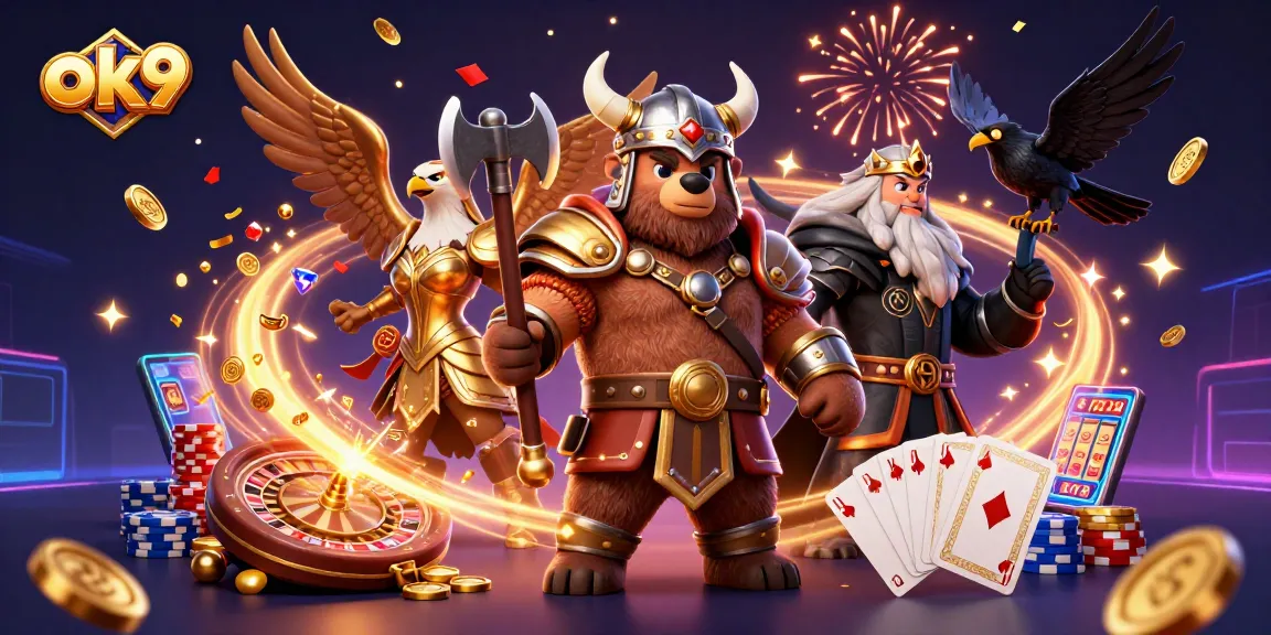 Play slots with ok9 in this vibrant 3D illustration featuring bear, eagle, and magical elements.