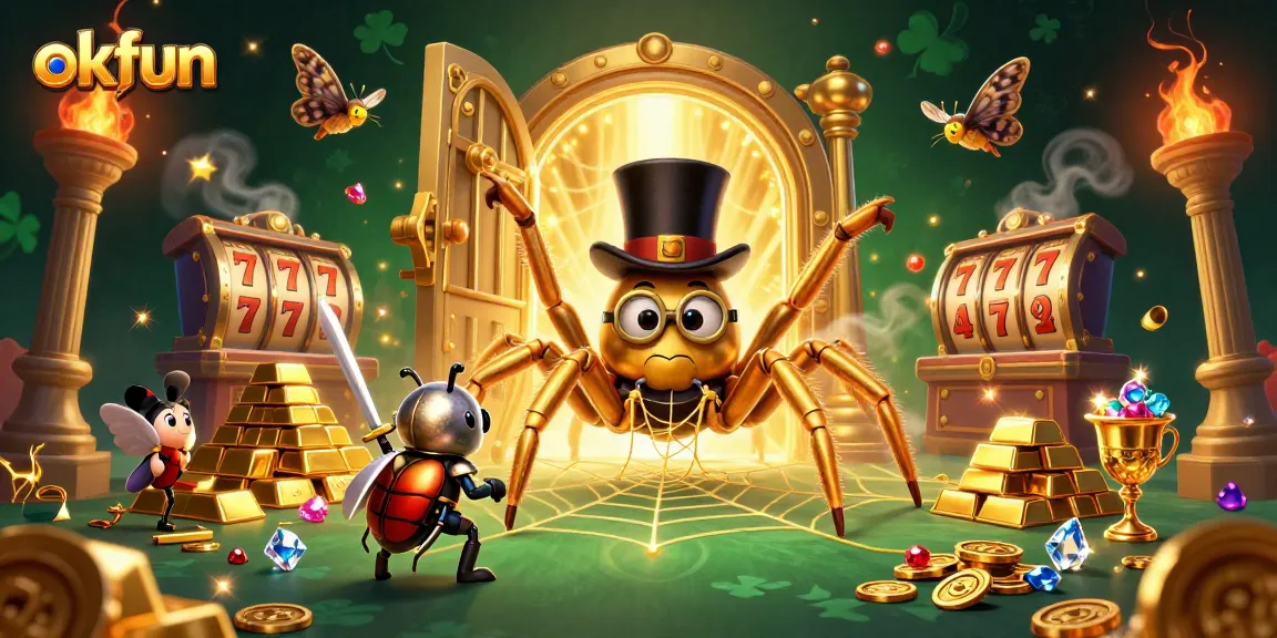 Experience the excitement of okfun as a golden tarantula weaves golden threads around slot reels and treasures.