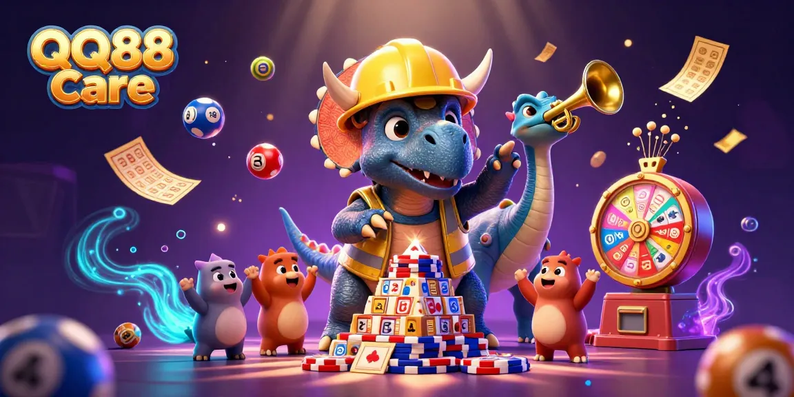 Celebrate with QQ88 Care as cartoon dinosaurs build poker chip pyramids in a vibrant casino scene.