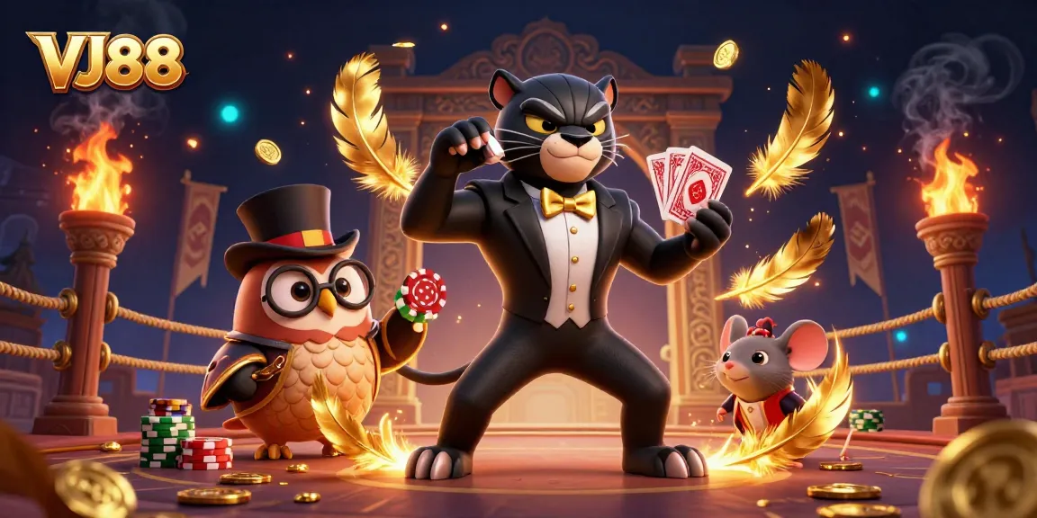 VJ88 showcases a stylish panther dealing cards amid vibrant casino elements, capturing thrilling action.