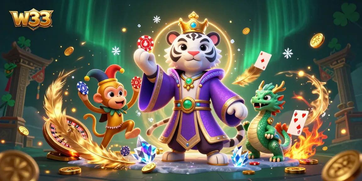 Join the action at w33 Casino with a royal tiger, jester monkey, and jade dragon in a vibrant gaming scene.