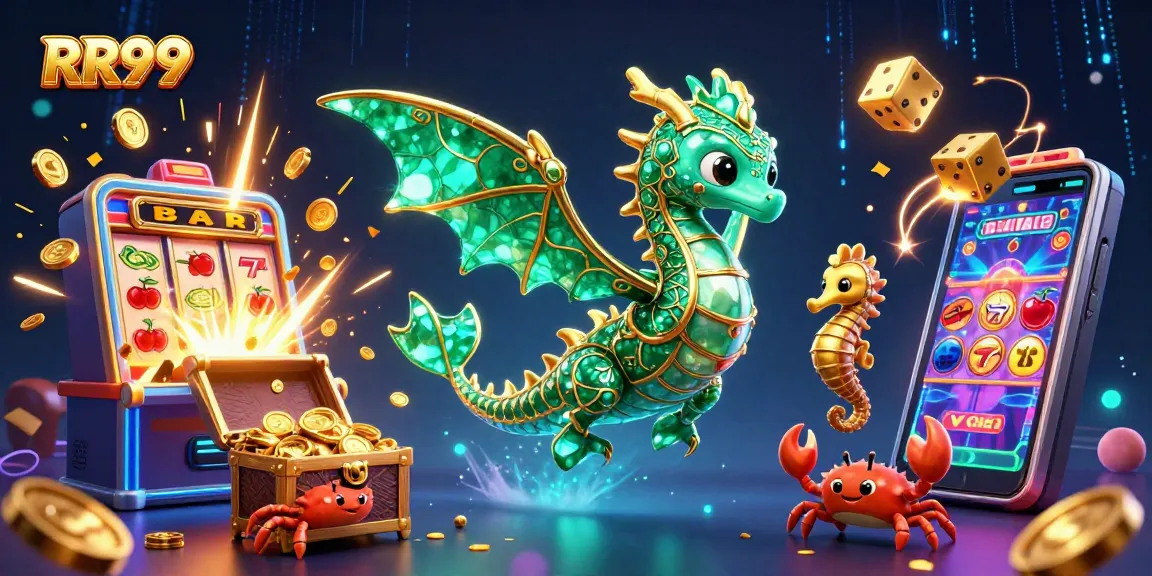 Experience thrilling gaming excitement with RR99's vibrant casino illustration featuring a sea dragon and jackpot elements.