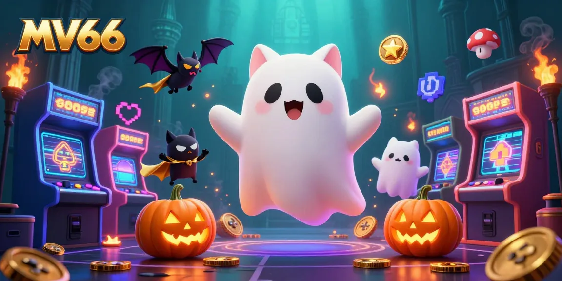 Experience the thrilling MV66 casino adventure with a playful ghost cat and a glowing jackpot!