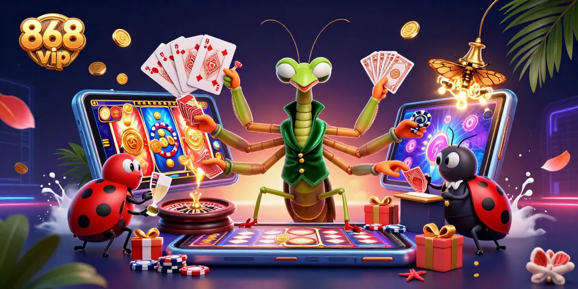 868vip engaging players with exciting 3D casino vibes, featuring a giant mantis dealing cards.