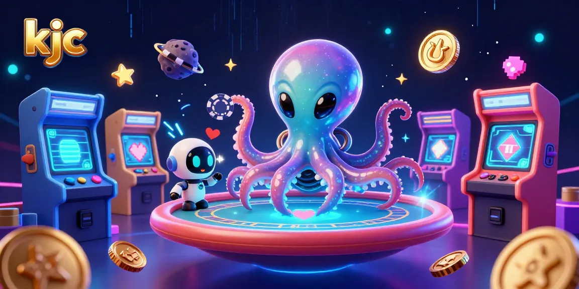 KJC showcases a thrilling poker scene with an alien octopus and robot, surrounded by vibrant casino-themed elements.
